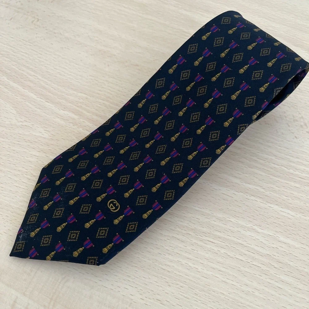 Gucci Black Silk Tie Gold Tassels,Fuschia Pink and blue Pattern Vintage BNWOT